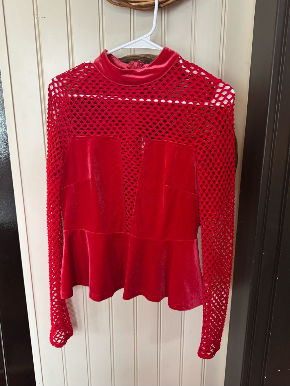 VENUS Red Mesh & Velvet Panel Long-Sleeve Peplum Top